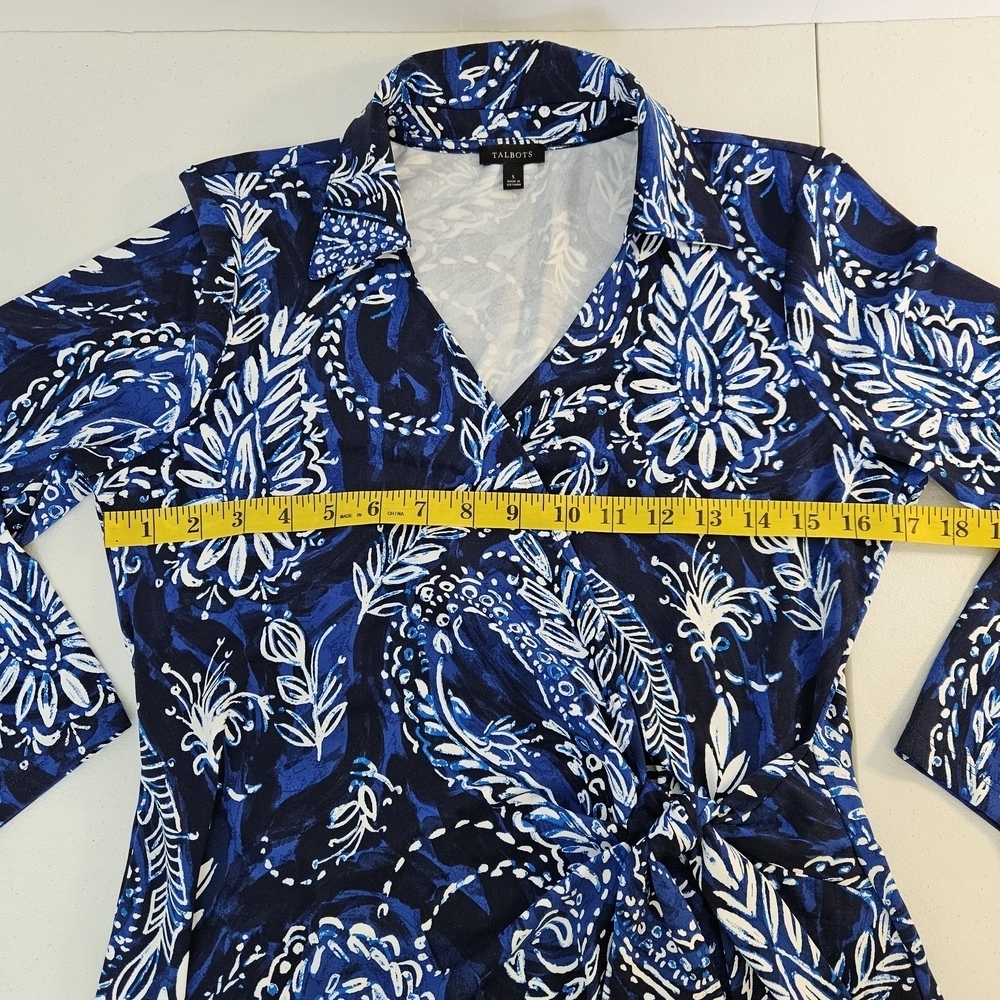 Talbots Effortless Jersey Kelly Dress Mock Wrap V-neck Sz S Blue White Paisley - Picture 8 of 10